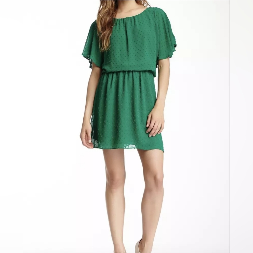Anthropologie Greylin Mini Dress Sz L Polka Dot Textured Green Flutter Sleeves